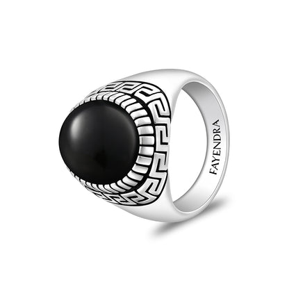Sterling Silver 925 Ring Rhodium And Black Plated Embedded With Cabochon Natural Black Agate For Men