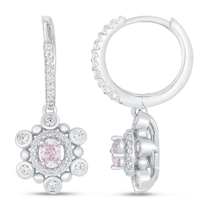Sterling Silver 925 Earring Rhodium Plated Embedded With Pink Zircon And White Zircon