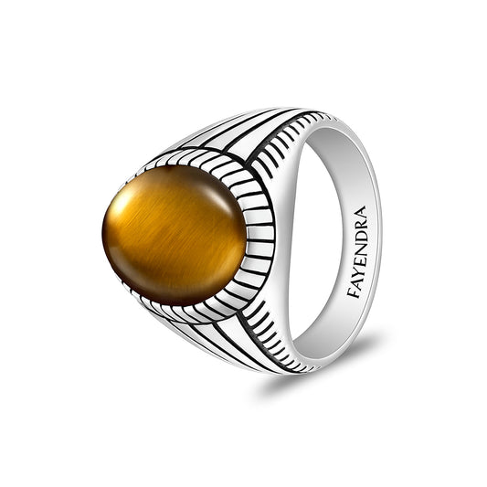 Sterling Silver 925 Ring Rhodium And Black Plated Embedded With Cabochon Yellow Tiger Eye For Men
