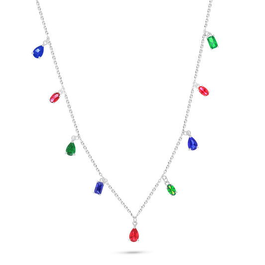 Sterling Silver 925 Necklace Rhodium Plated Embedded With Emerald Zircon , Sapphire Corundum , Ruby Corundum And White Zircon