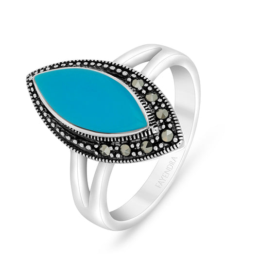 Sterling Silver 925 Ring Embedded With Natural Processed Turquoise And Marcasite Stones