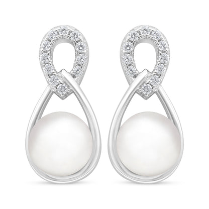 Sterling Silver 925 Earring Rhodium Plated Embedded With Natural White Pearl And White Zircon