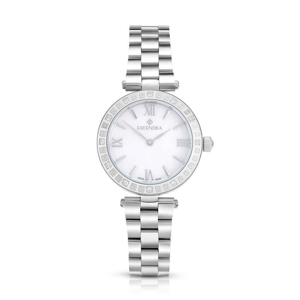 ساعة ستانلس ستيل عيار L316 بلون فضي و فص ابيض - مينا حجر صدف ام اللالئ الابيض