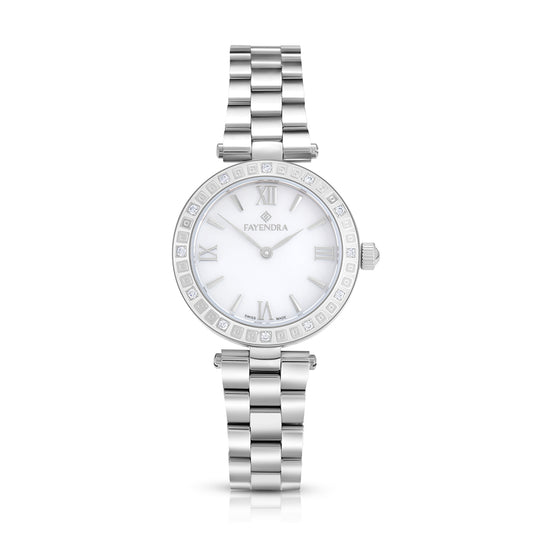 ساعة ستانلس ستيل عيار L316 بلون فضي و فص ابيض - مينا حجر صدف ام اللالئ الابيض