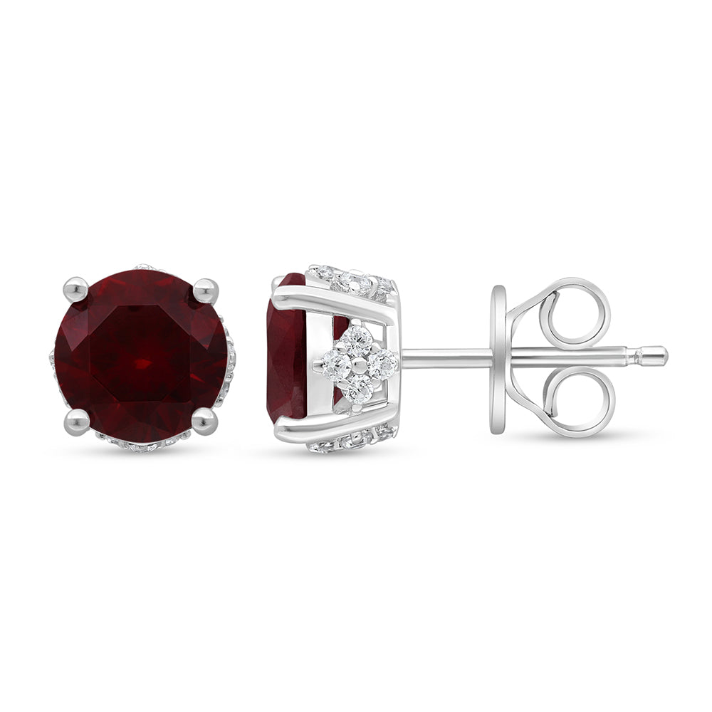 Sterling Silver 925 Earring Rhodium Plated Embedded With Ruby Corundum And White Zircon