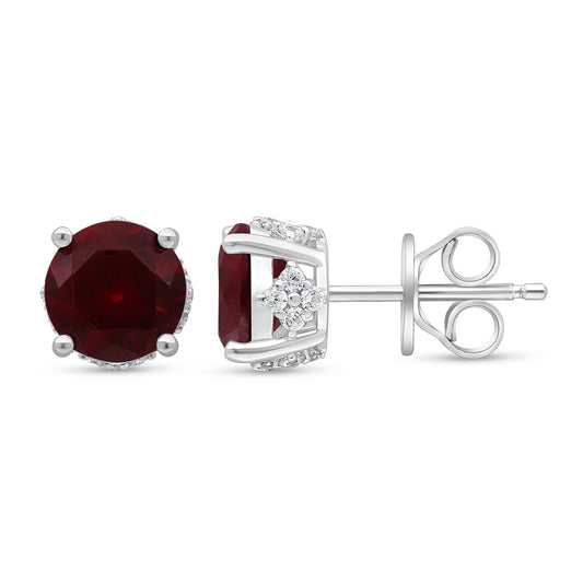 Sterling Silver 925 Earring Rhodium Plated Embedded With Ruby Corundum And White Zircon