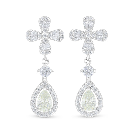 Sterling Silver 925 Earring Rhodium Plated Embedded With Yellow Diamond And White Zircon