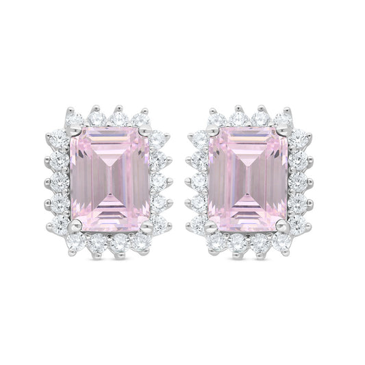 Sterling Silver 925 Earring Rhodium Plated Embedded With Pink Zircon And White Zircon