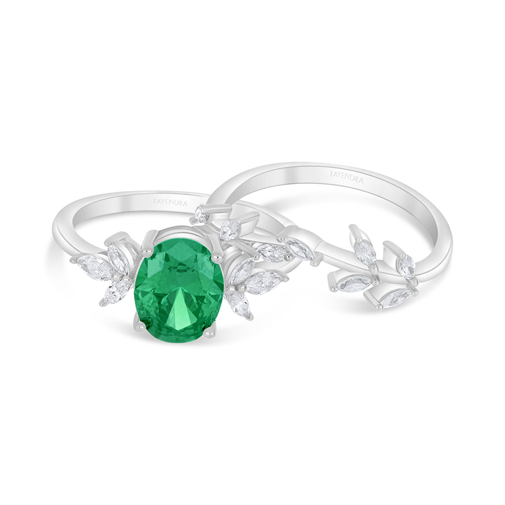 Sterling Silver 925 Ring (Twins) Rhodium Plated  Embedded With Emerald Zircon And White Zircon