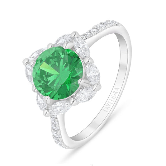 Sterling Silver 925 Ring Rhodium Plated Embedded With Emerald Zircon And White Zircon
