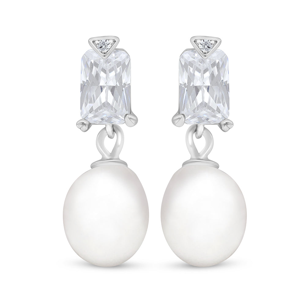 Sterling Silver 925 Earring Rhodium Plated Embedded With Natural White Pearl And White Zircon