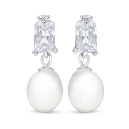 Sterling Silver 925 Earring Rhodium Plated Embedded With Natural White Pearl And White Zircon