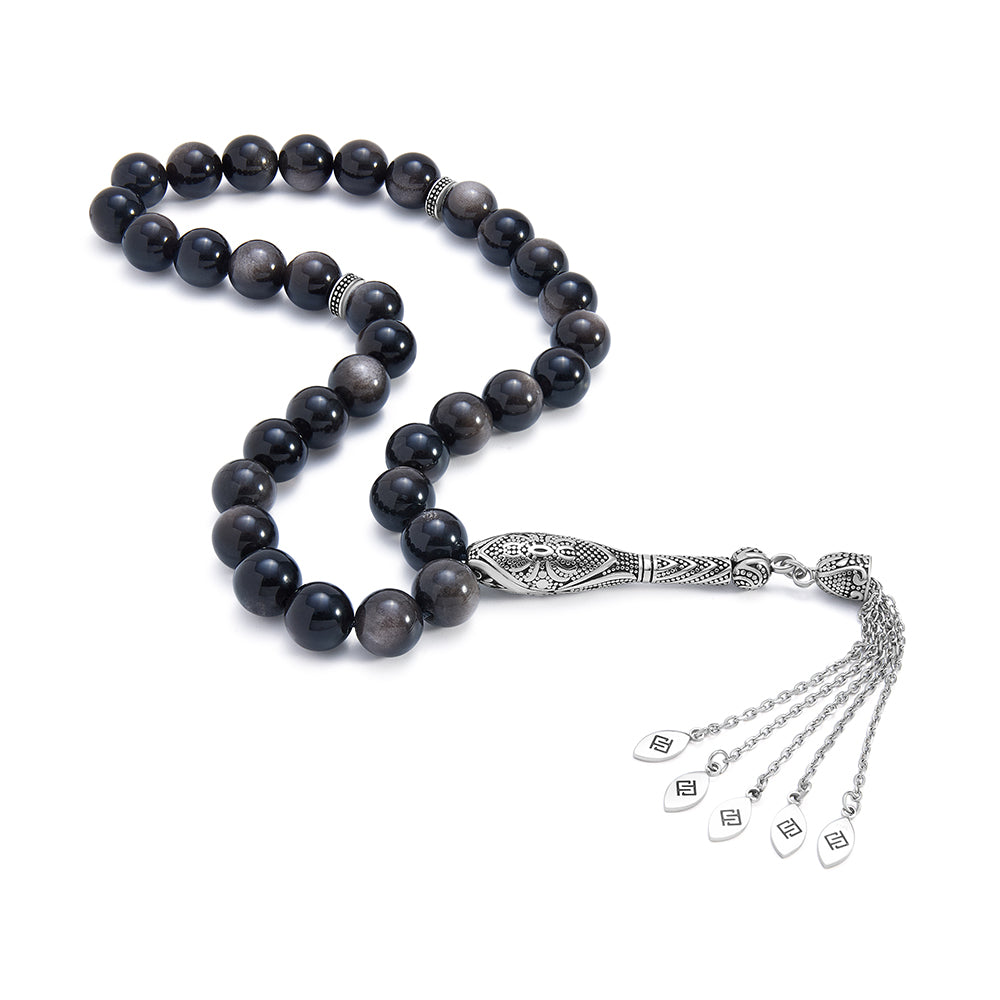 سبحة 33  اوبسديم فضى بيلية 10 مم طقم ستانلس ستيل عيار 316L مطلى فضي واسود