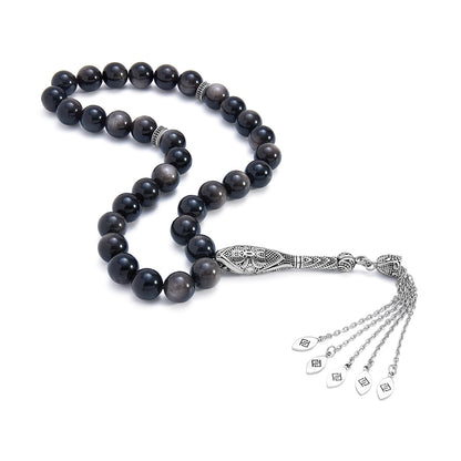 سبحة 33  اوبسديم فضى بيلية 10 مم طقم ستانلس ستيل عيار 316L مطلى فضي واسود