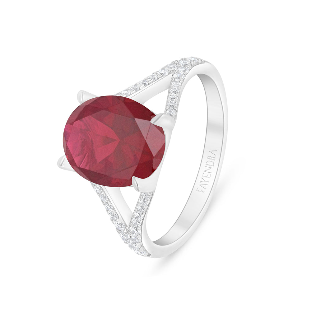 Sterling Silver 925 Ring Rhodium Plated Embedded With Ruby Corundum And White Zircon