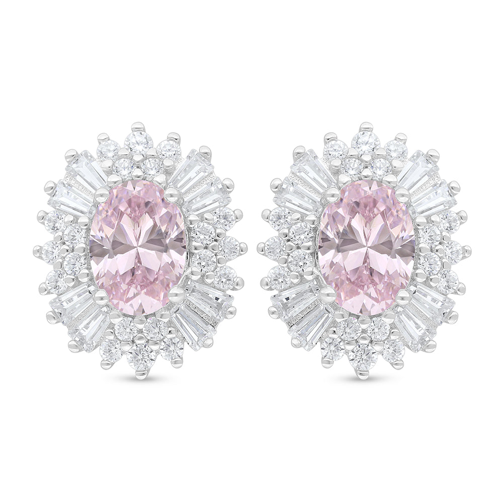 Sterling Silver 925 Earring Rhodium Plated Embedded With Pink Zircon And White Zircon