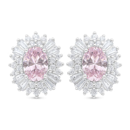 Sterling Silver 925 Earring Rhodium Plated Embedded With Pink Zircon And White Zircon
