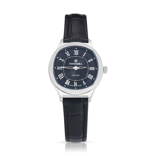 ساعة ستانلس ستيل عيار  L316 بلون فضي جلد اسود- مينا حجر صدف ام اللالئ الاسود