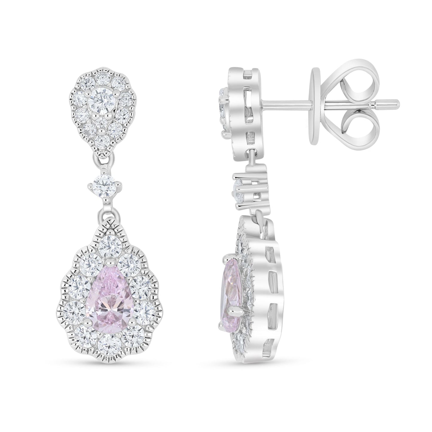 Sterling Silver 925 Earring Rhodium Plated Embedded With Pink Zircon And White Zircon