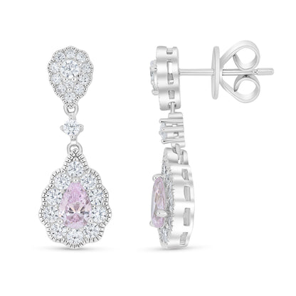Sterling Silver 925 Earring Rhodium Plated Embedded With Pink Zircon And White Zircon
