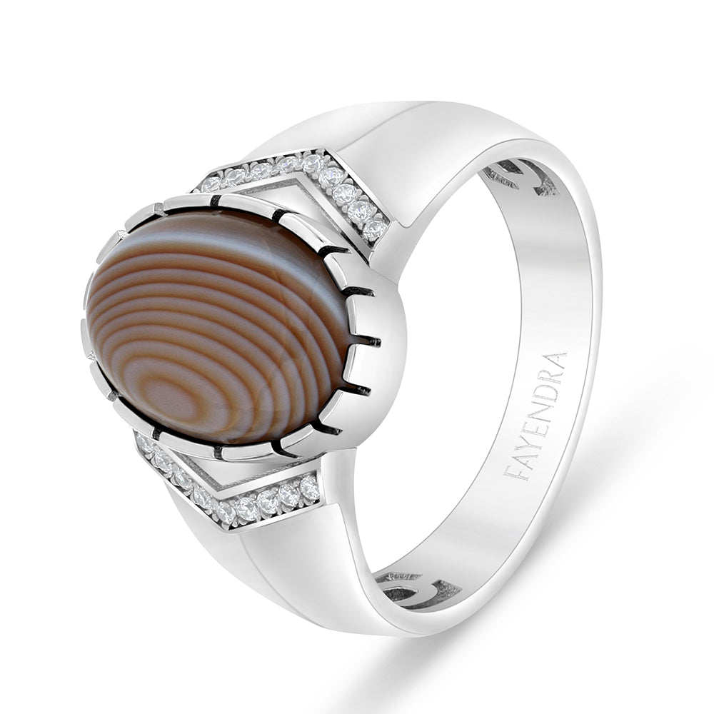 Sterling Silver 925 Ring Rhodium Plated Embedded With Cabochon Botswana Agate And White Zircon For Men
