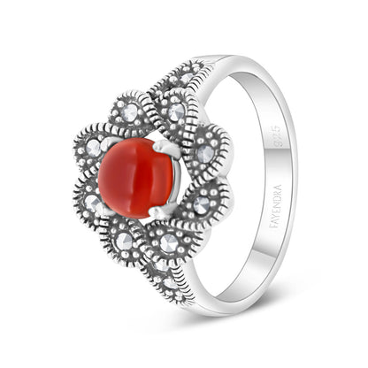Sterling Silver 925 Ring Embedded With Natural Aqiq And Marcasite Stones