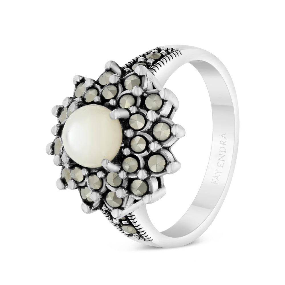 Sterling Silver 925 Ring Embedded With Natural White Shell And Marcasite Stones