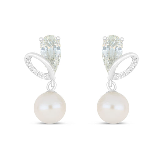 Sterling Silver 925 Earring Rhodium Plated Embedded With Natural White Pearl,Diamond Zircon And White Zircon