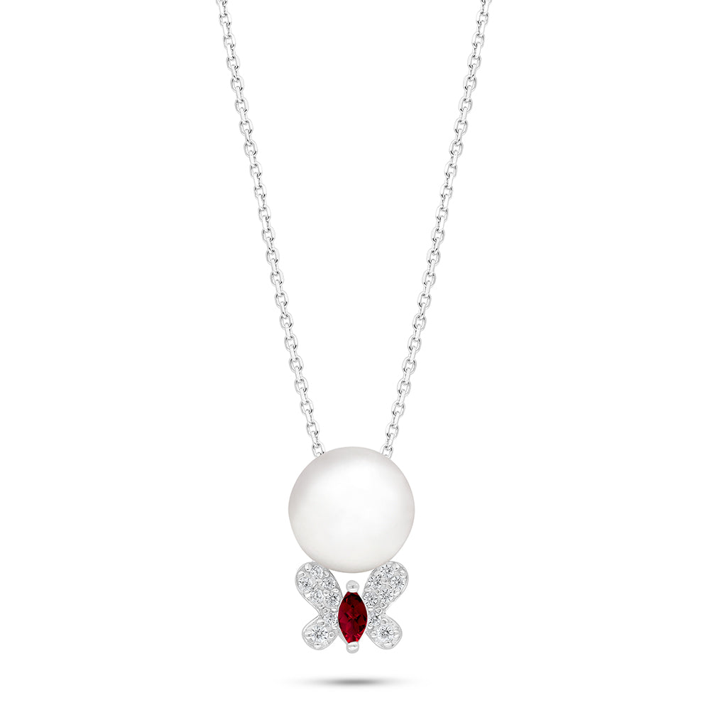 Sterling Silver 925 Necklace Rhodium Plated Embedded With Natural White Pearl And Ruby Corundum  And White Zircon