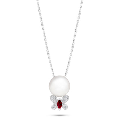 Sterling Silver 925 Necklace Rhodium Plated Embedded With Natural White Pearl And Ruby Corundum  And White Zircon