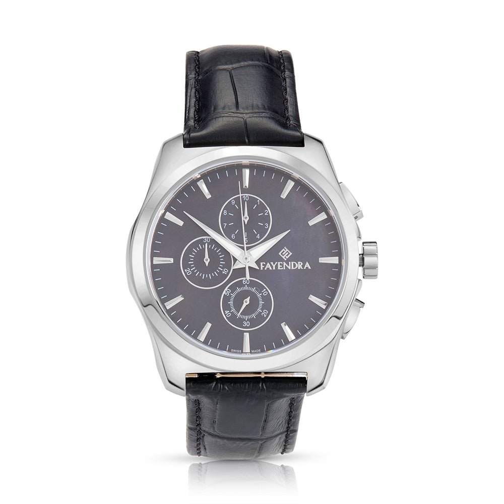 Stainless Steel 316L Watch Silver Color Black Leather For Men - BLACK MOP DIAL