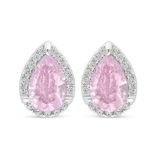 Sterling Silver 925 Earring Rhodium Plated Embedded With pink Zircon And White Zircon