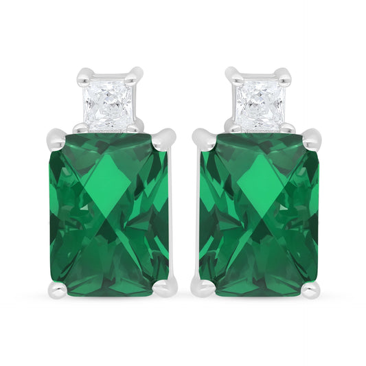 Sterling Silver 925 Earring Rhodium Plated Embedded With Emerald Zircon And White Zircon