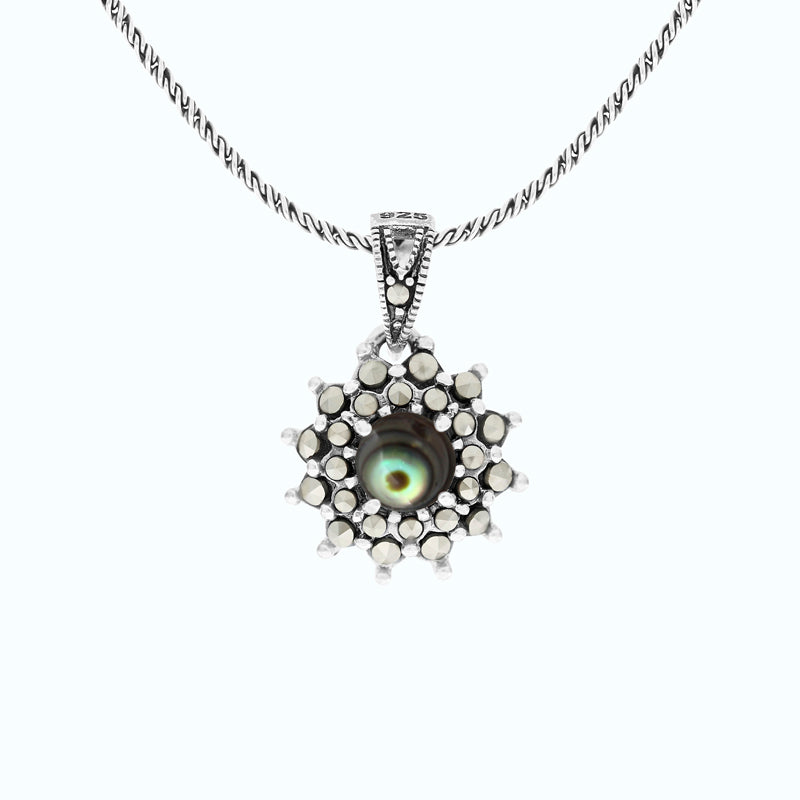 Sterling Silver 925 Pendant Embedded With Natural Blue Shell And Marcasite Stones