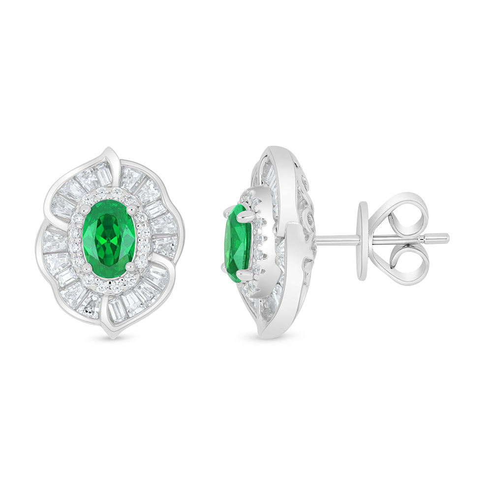 Sterling Silver 925 Earring Rhodium Plated Embedded With Emerald Zircon And White Zircon