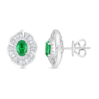 Sterling Silver 925 Earring Rhodium Plated Embedded With Emerald Zircon And White Zircon