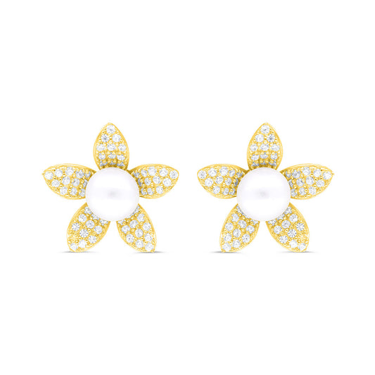Sterling Silver 925 Earring Gold Plated Embedded With White Shell Pearl And White Zircon