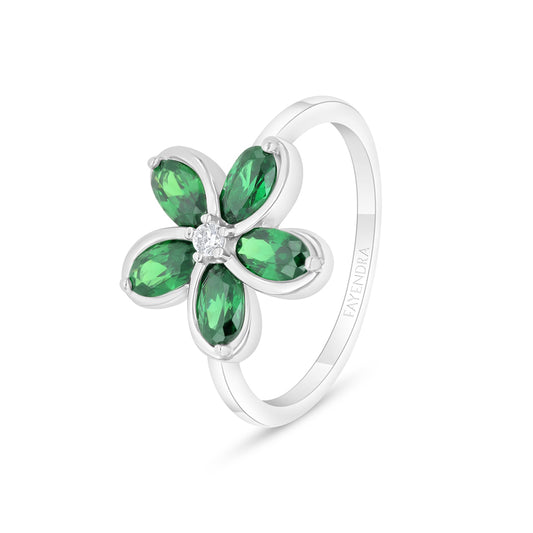 Sterling Silver 925 Ring Rhodium Plated Embedded With Emerald Zircon And White Zircon
