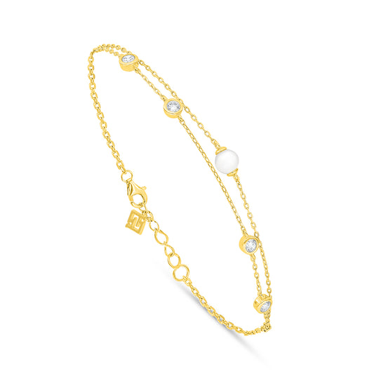 Sterling Silver 925 Bracelet Golden Plated Embedded With Natural White Pearl And White Zircon