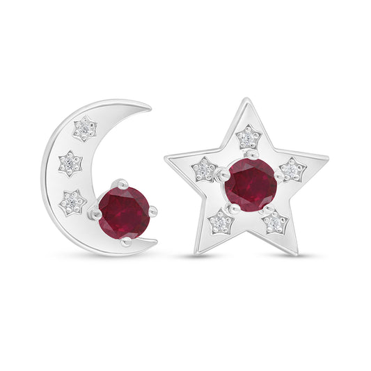 Sterling Silver 925 Earring Rhodium Plated Embedded With Ruby Corundum And White Zircon