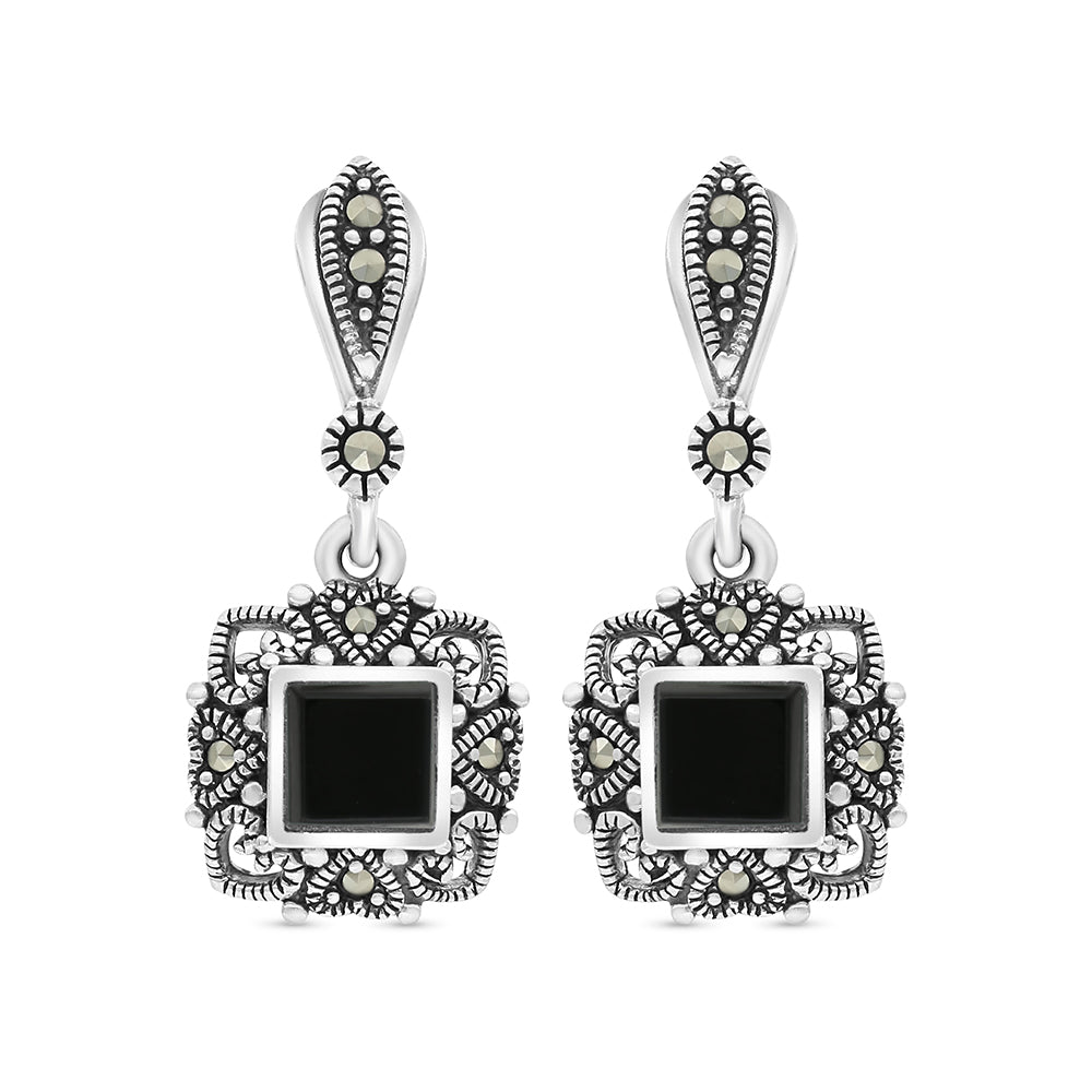 Sterling Silver 925 Earring Embedded With Natural Black Agate And Marcasite Stones