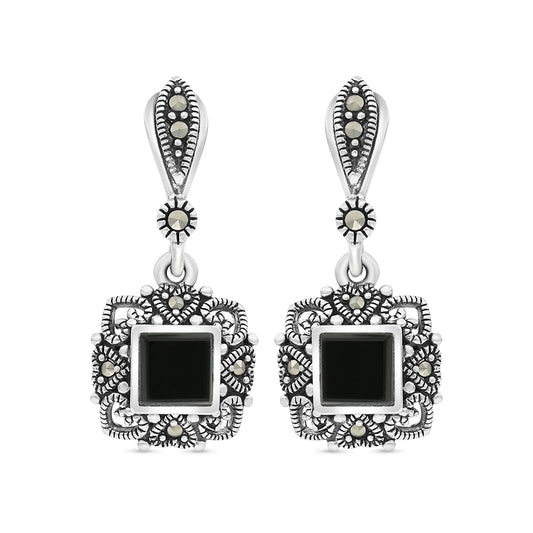 Sterling Silver 925 Earring Embedded With Natural Black Agate And Marcasite Stones