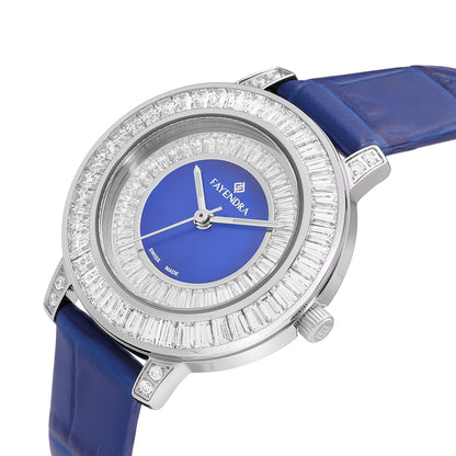 Stainless Steel 316L Watch Silver Color Blue Leather Embedded With White Zircon - BLUE MOP DIAL