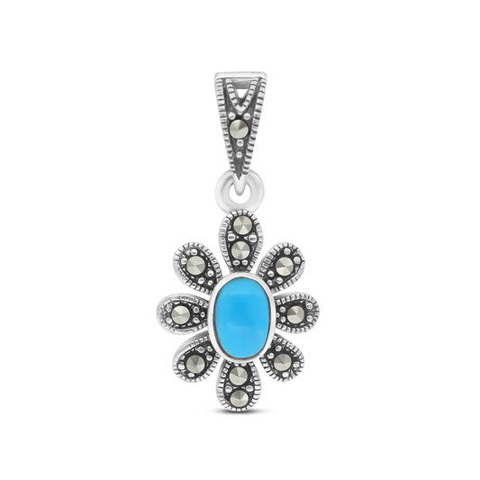 Sterling Silver 925 Pendant Embedded With Natural Processed Turquoise And Marcasite Stones