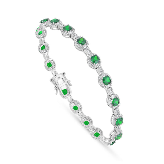 Sterling Silver 925 Bracelet Rhodium Plated Embedded With Emerald Zircon And White Zircon