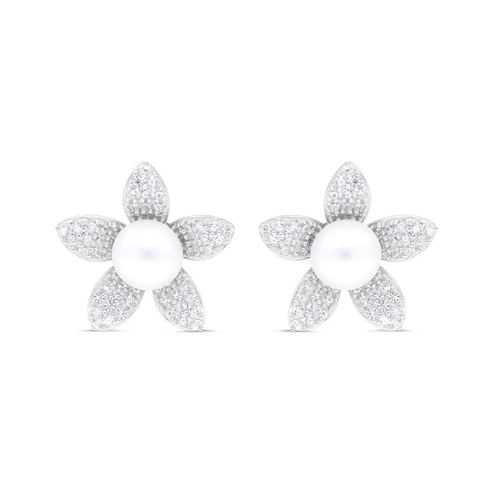 Sterling Silver 925 Earring Rhodium Plated Embedded With White Shell Pearl And White Zircon