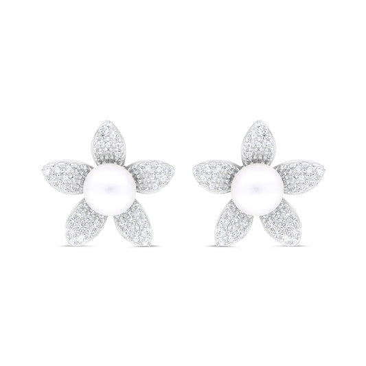 Sterling Silver 925 Earring Rhodium Plated Embedded With White Shell Pearl And White Zircon