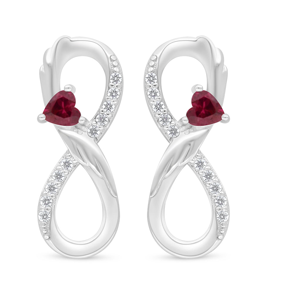Sterling Silver 925 Earring Rhodium Plated Embedded With Ruby Corundum And White Zircon