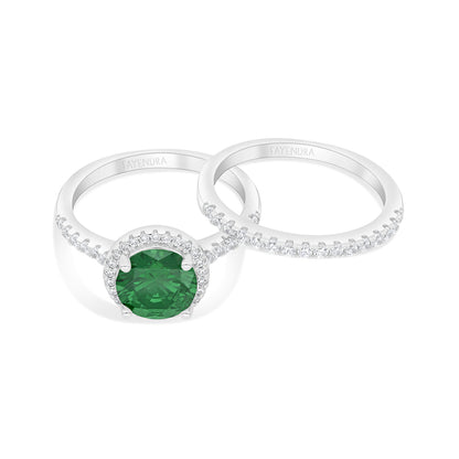 Sterling Silver 925 Ring (Twins) Rhodium Plated Embedded With Emerald Zircon And White Zircon