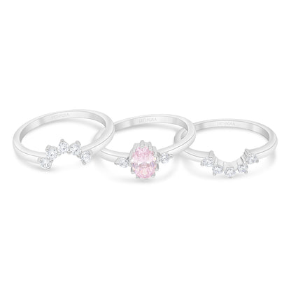 Sterling Silver 925 Ring (3pieces) Rhodium Plated Embedded  With Pink Zircon And White Zircon